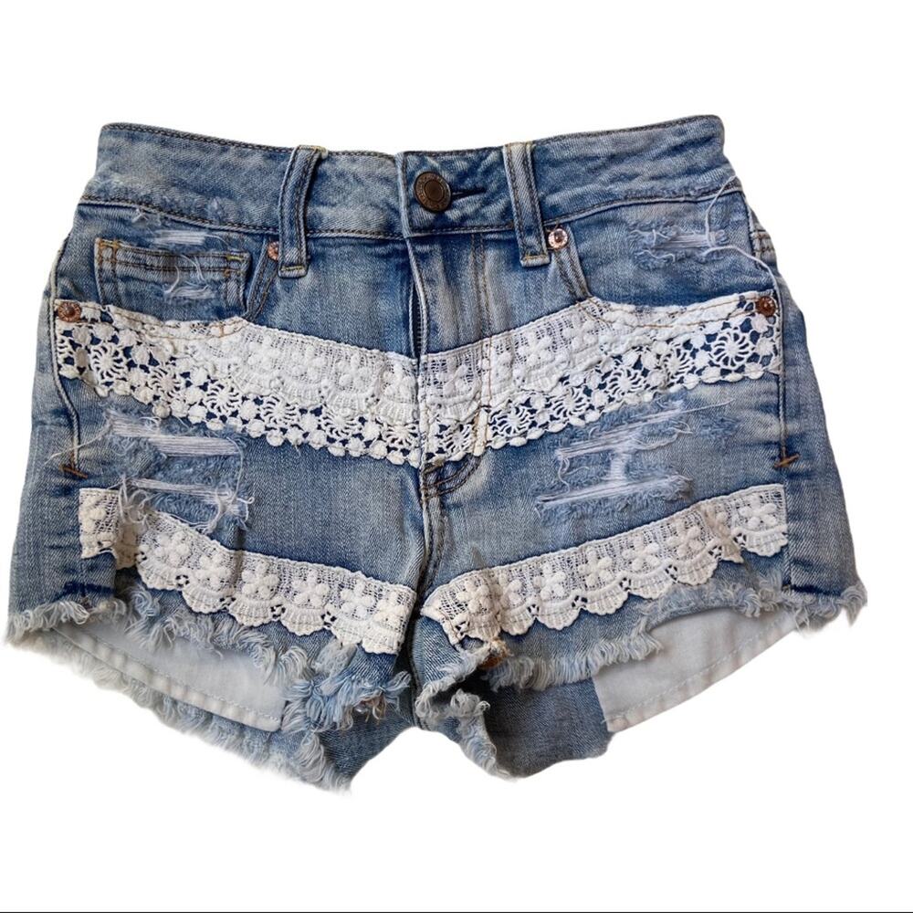 American Eagle Hi-Rise Shortie Lace Distressed Jean Shorts Women's Size 00